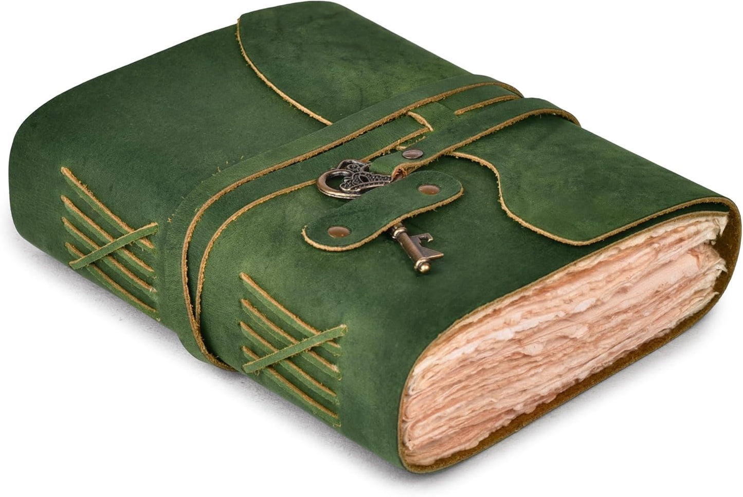 Vintage Leather Journal – 200 Handmade Vintage Deckle Edge Paper – Leather Bound Journal for Women Men – Vintage Key Closure - Book of Shadows - Green - 8X6 Inches (A5)