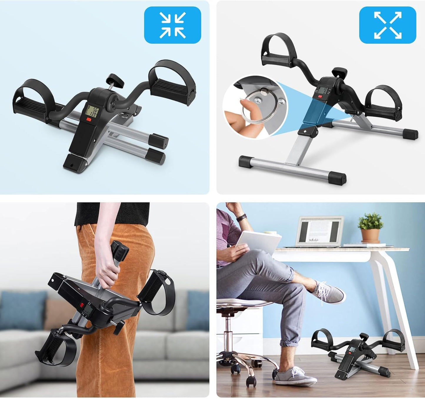 Folding Pedal Exerciser, under Desk Bike Pedal Exerciser, Mini under Desk Exercise Bike Foot Hand Cycle Portable, Arm and Leg Exercise Peddler Machine with LCD Monitor