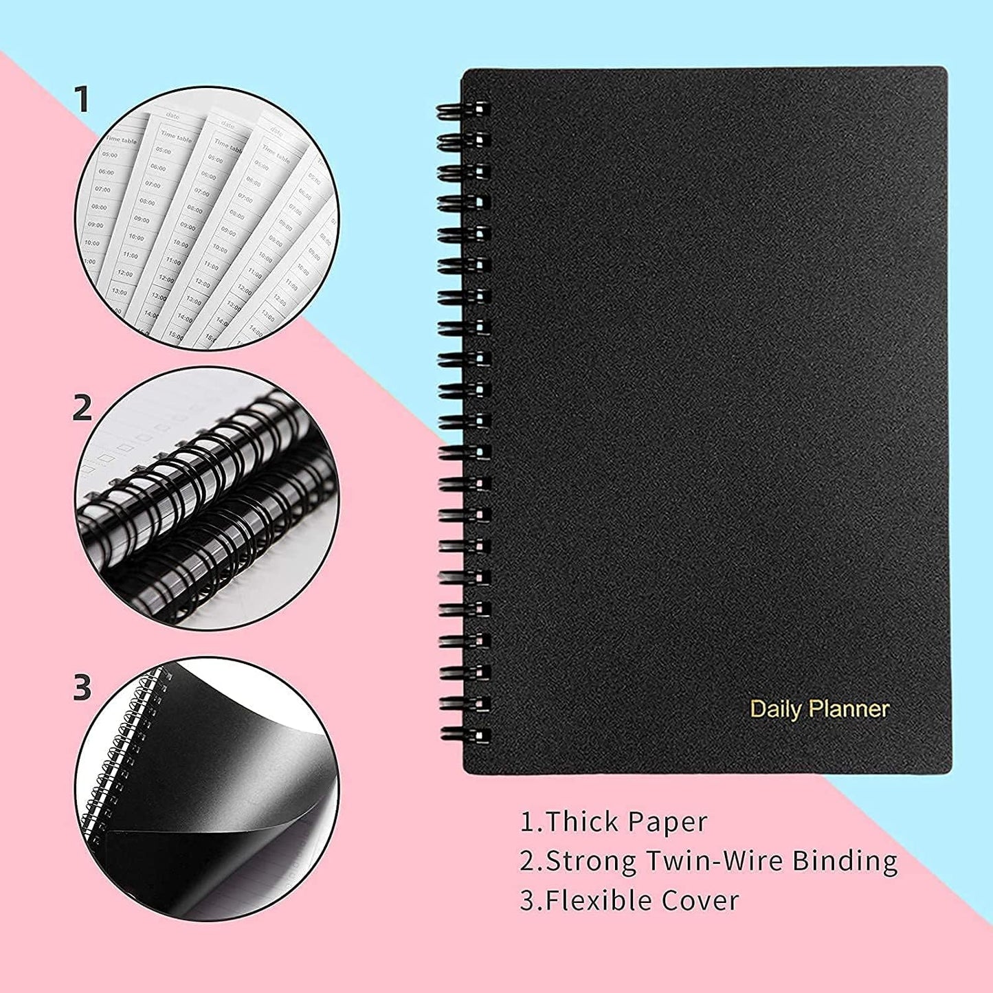 Undated, to Do List Notebook with Hourly Schedule, Time Management Manual and Planner, Personal Organizers, 5.2"X7.5", 75 Sheets/150 Pages, Black