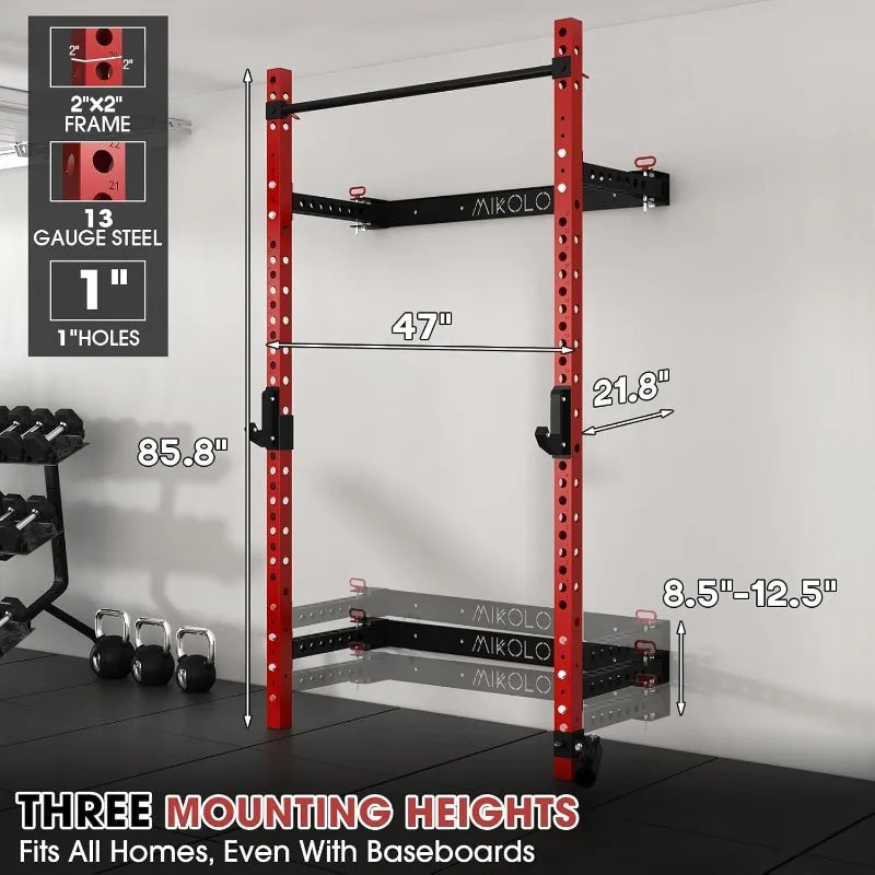 Mikolo 2" X 2" Folding Wall Mounted Squat Rack, 1000 Pounds Capacity Power Rack with Pull up Bar, J Hooks and Other Attachments