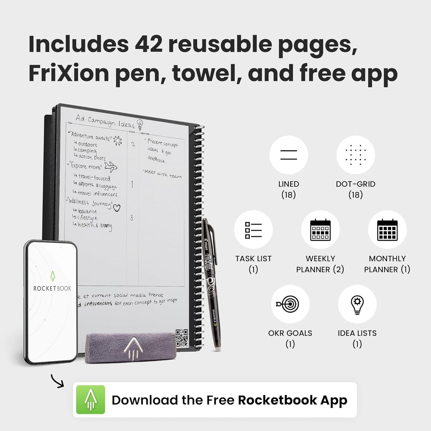 Fusion Reusable Undated Productivity Planner, Executive Size 6X8.8, Red - Goals, Monthly and Weekly Calendar, Daily To-Do List, Lined and Dotted Notes Pages