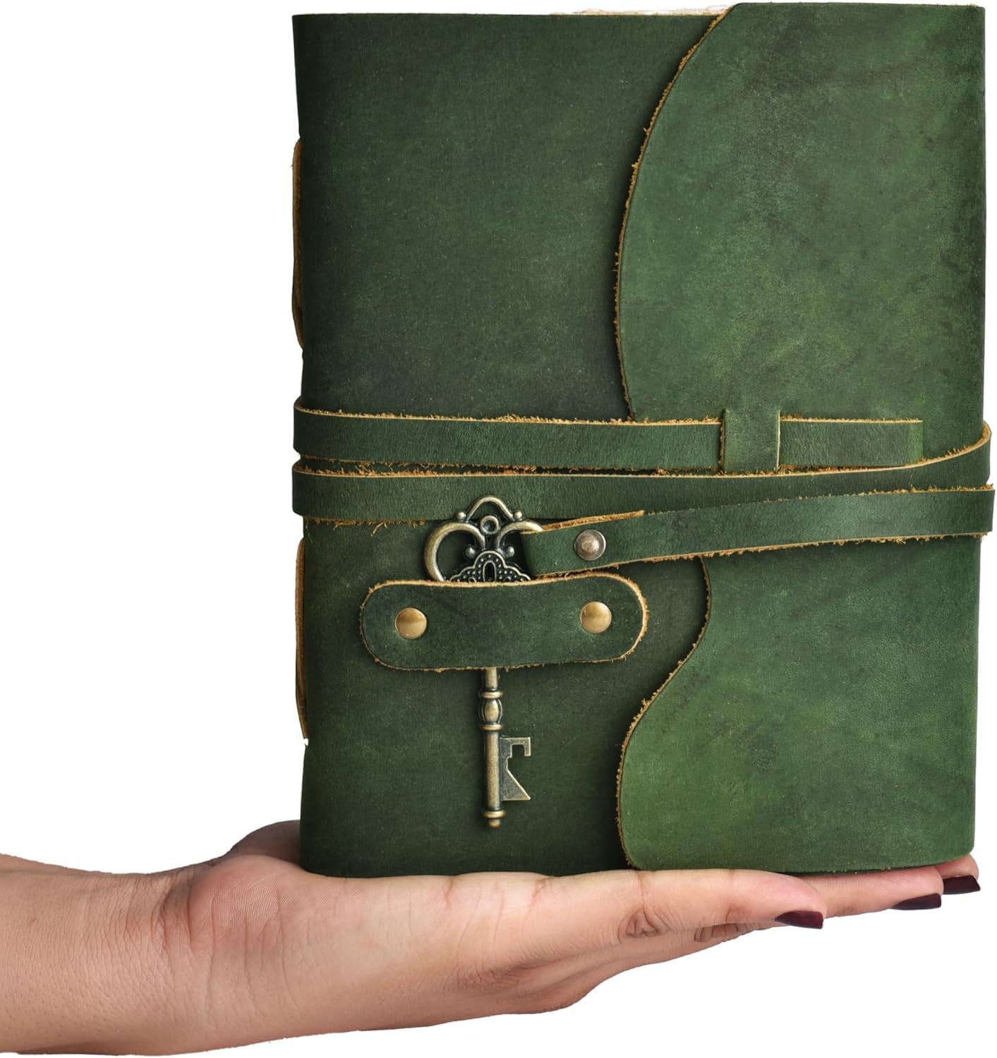 Vintage Leather Journal – 200 Handmade Vintage Deckle Edge Paper – Leather Bound Journal for Women Men – Vintage Key Closure - Book of Shadows - Green - 8X6 Inches (A5)