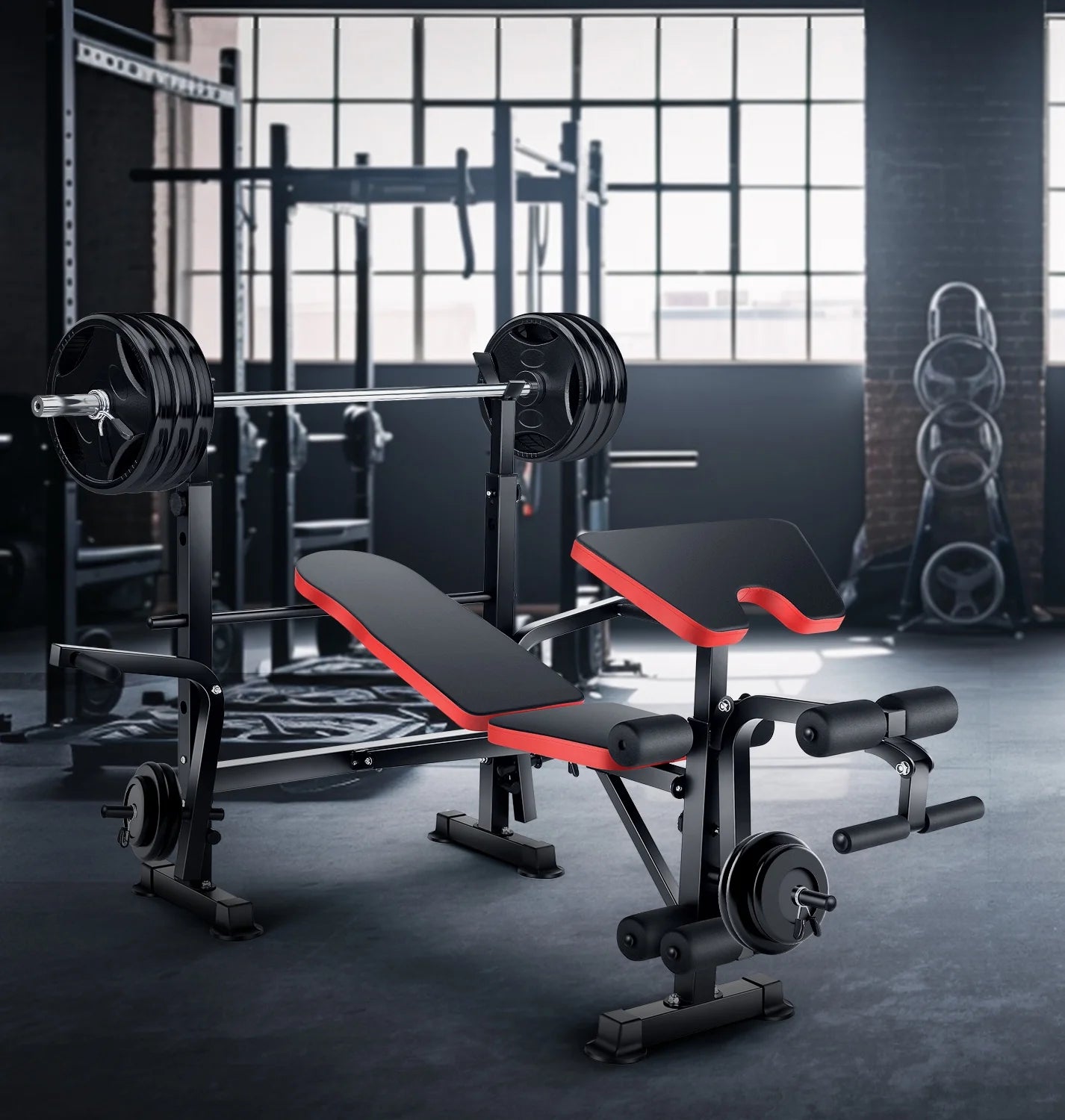 Adjustable Weight Bench 600Lbs 6-In-1 Foldable Workout Bench Set with Barbell Rack & Leg Developer Preacher Curl Rack, Multi-Function Strength Training Bench Press Exercise Equipment