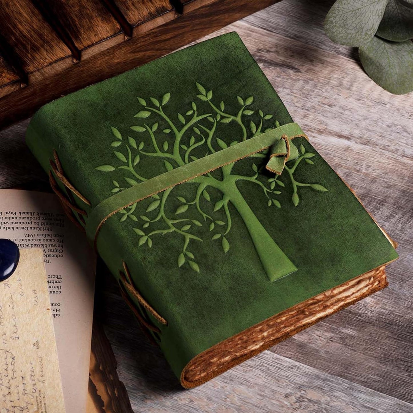 Tree of Life Journal - 8"X6" (A5) Inches - Green - 200 Antique Deckle Edge Handmade Paper – Book of Shadows - Vintage Leather Bound Journal for Women & Men