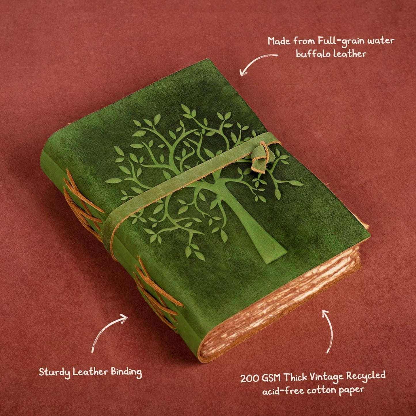Tree of Life Journal - 8"X6" (A5) Inches - Green - 200 Antique Deckle Edge Handmade Paper – Book of Shadows - Vintage Leather Bound Journal for Women & Men