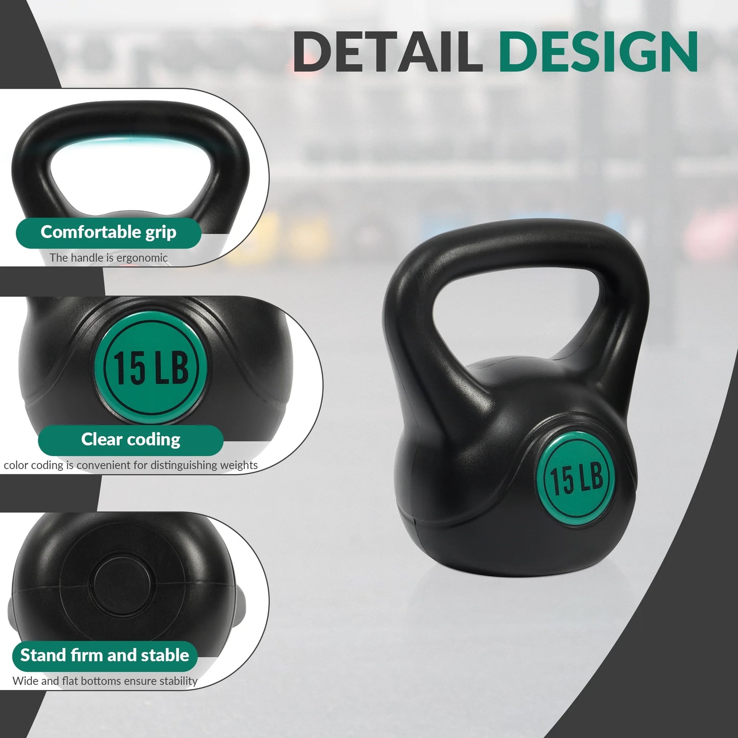 5 10 15Lbs Wide Grip Kettlebell, Black