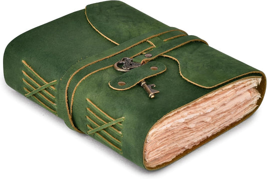 Vintage Leather Journal – 200 Handmade Vintage Deckle Edge Paper – Leather Bound Journal for Women Men – Vintage Key Closure - Book of Shadows - Green - 8X6 Inches (A5)