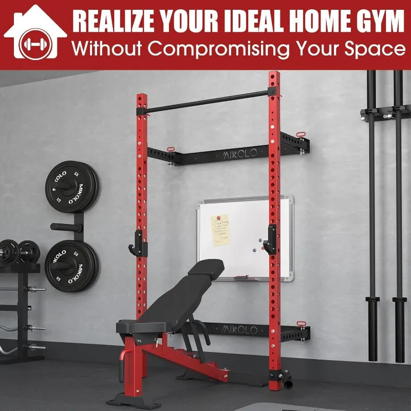 Mikolo 2" X 2" Folding Wall Mounted Squat Rack, 1000 Pounds Capacity Power Rack with Pull up Bar, J Hooks and Other Attachments