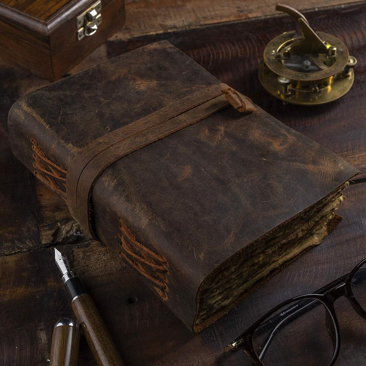 Leather Journal-Vintage Leatherbound Journal - Handmade Antique Deckle Edge Paper - Leather Sketchbook - Book of Shadows Journal - Thick Journal - Vintage Journal