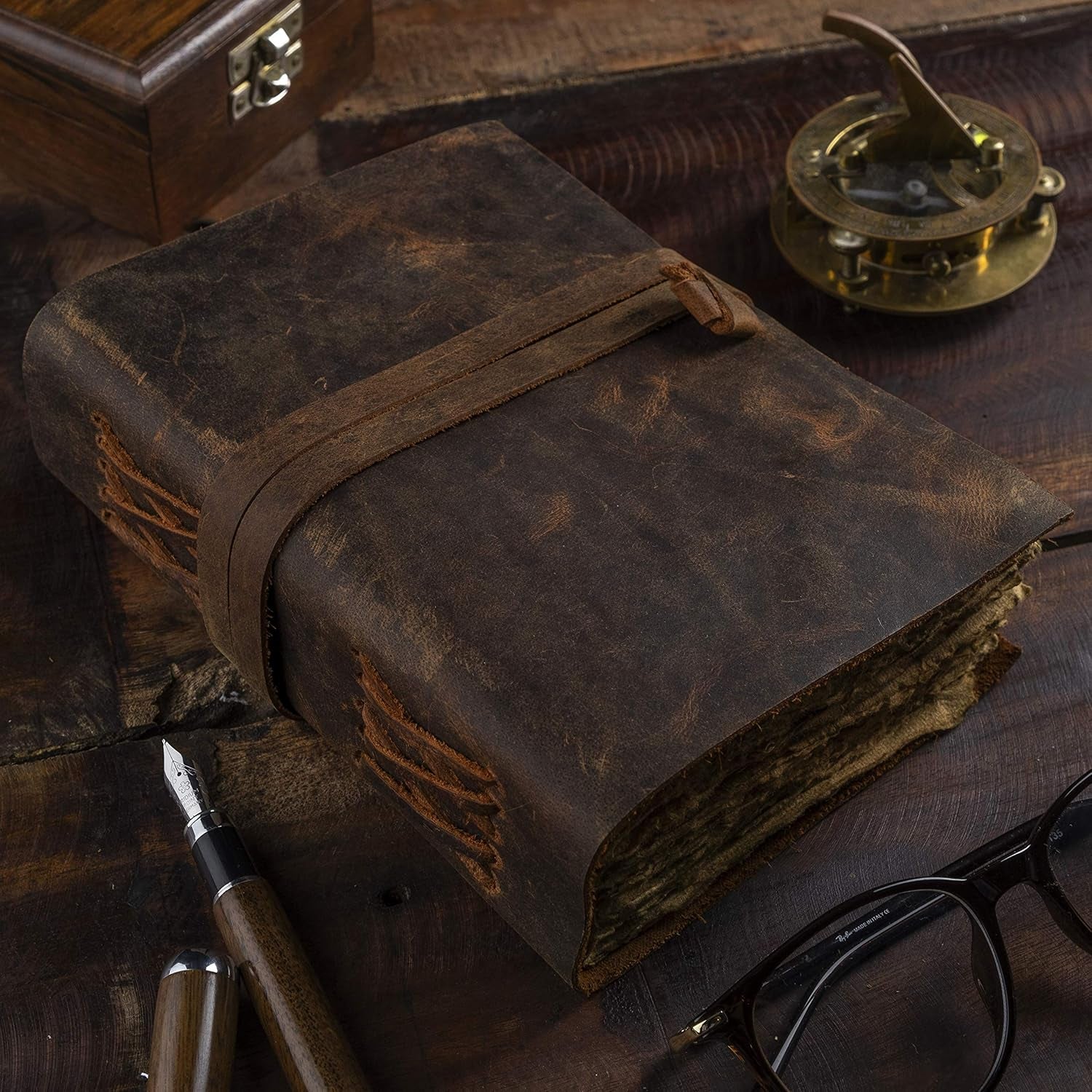 Leather Journal-Vintage Leatherbound Journal - Handmade Antique Deckle Edge Paper - Leather Sketchbook - Book of Shadows Journal - Thick Journal - Vintage Journal