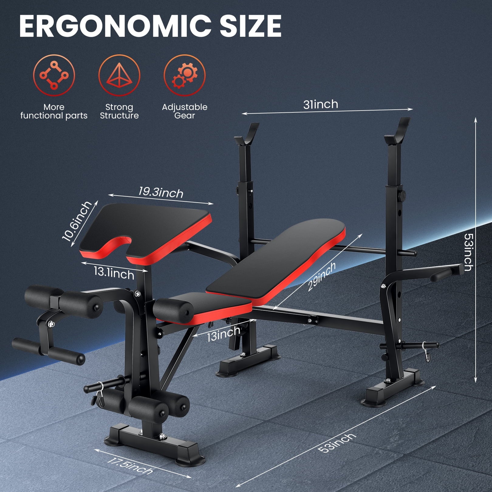 Adjustable Weight Bench 600Lbs 6-In-1 Foldable Workout Bench Set with Barbell Rack & Leg Developer Preacher Curl Rack, Multi-Function Strength Training Bench Press Exercise Equipment