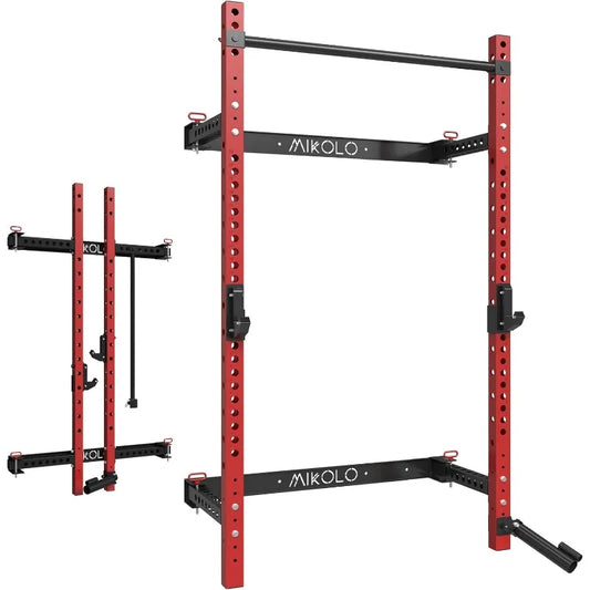 Mikolo 2" X 2" Folding Wall Mounted Squat Rack, 1000 Pounds Capacity Power Rack with Pull up Bar, J Hooks and Other Attachments