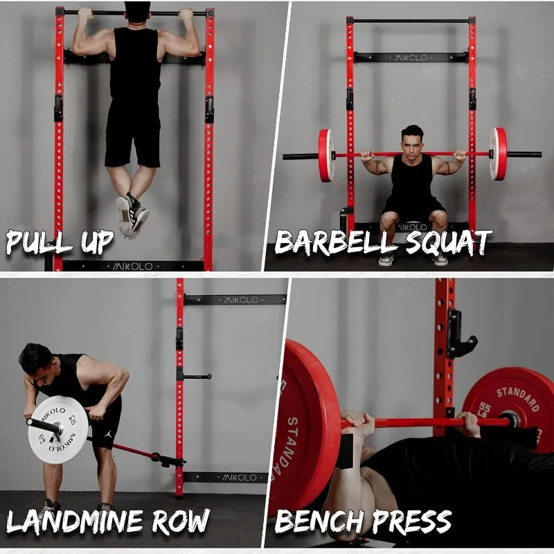 Mikolo 2" X 2" Folding Wall Mounted Squat Rack, 1000 Pounds Capacity Power Rack with Pull up Bar, J Hooks and Other Attachments