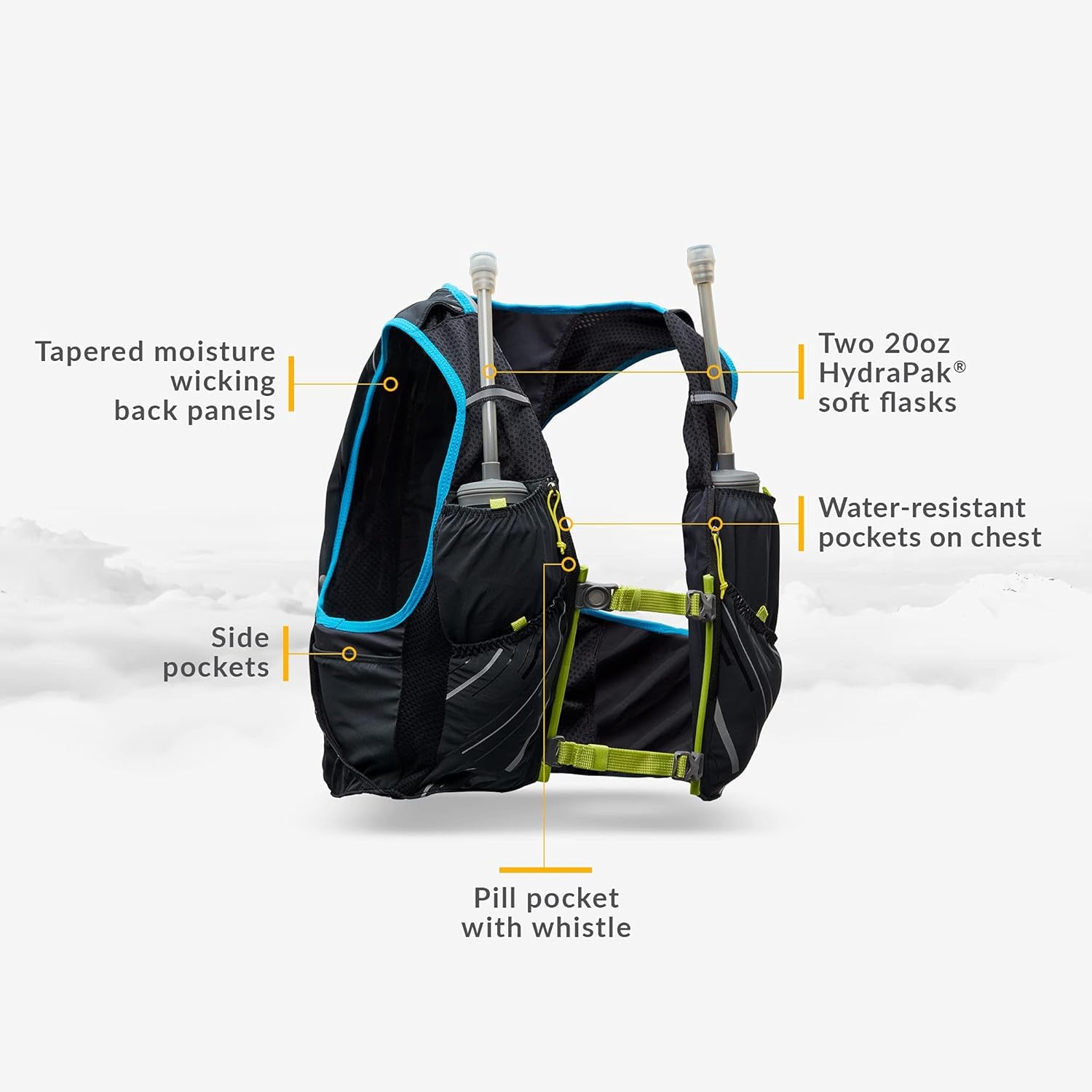Men'S Pinnacle Race Vest 4L Hydration Pack, Two 20 Oz Soft Flasks, Running, Hiking, Water-Resistant, Moisture Wicking, Adjustable Straps