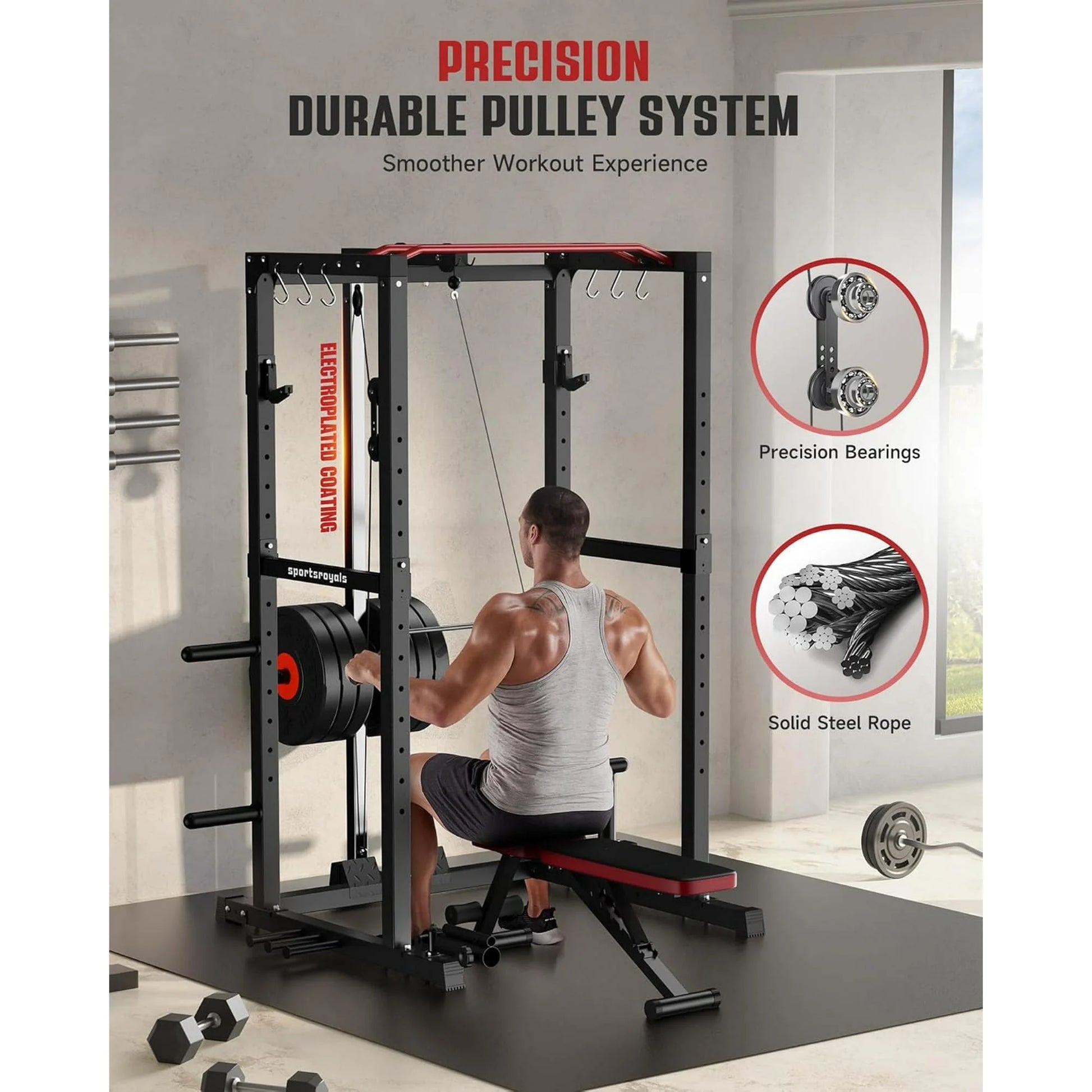 Power Cage,1200Lbs Multi-Function Power Rack with Lat Pulldown and Pulley System and More Training Attachment, Weight Cage for Home Gym