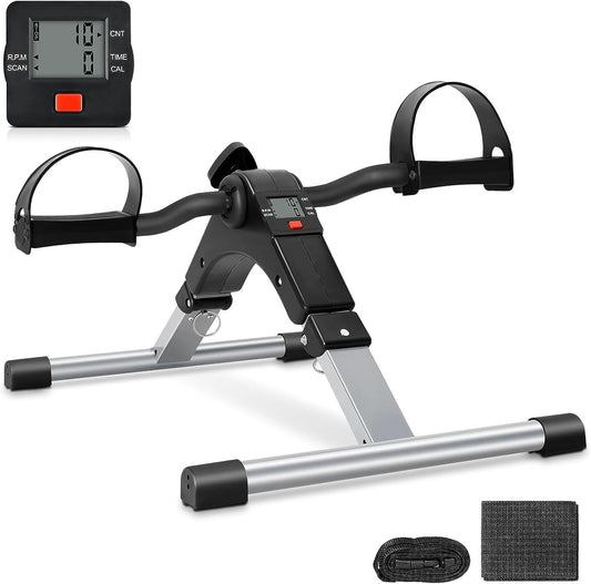 Folding Pedal Exerciser, under Desk Bike Pedal Exerciser, Mini under Desk Exercise Bike Foot Hand Cycle Portable, Arm and Leg Exercise Peddler Machine with LCD Monitor
