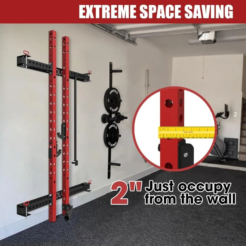 Mikolo 2" X 2" Folding Wall Mounted Squat Rack, 1000 Pounds Capacity Power Rack with Pull up Bar, J Hooks and Other Attachments