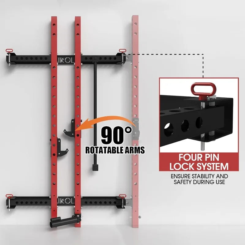 Mikolo 2" X 2" Folding Wall Mounted Squat Rack, 1000 Pounds Capacity Power Rack with Pull up Bar, J Hooks and Other Attachments