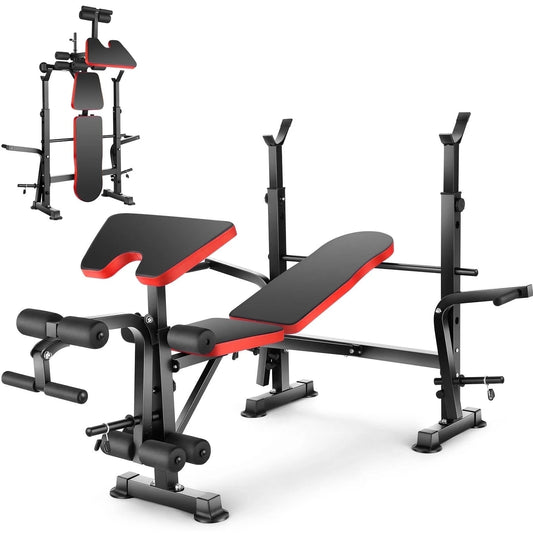 Adjustable Weight Bench 600Lbs 6-In-1 Foldable Workout Bench Set with Barbell Rack & Leg Developer Preacher Curl Rack, Multi-Function Strength Training Bench Press Exercise Equipment