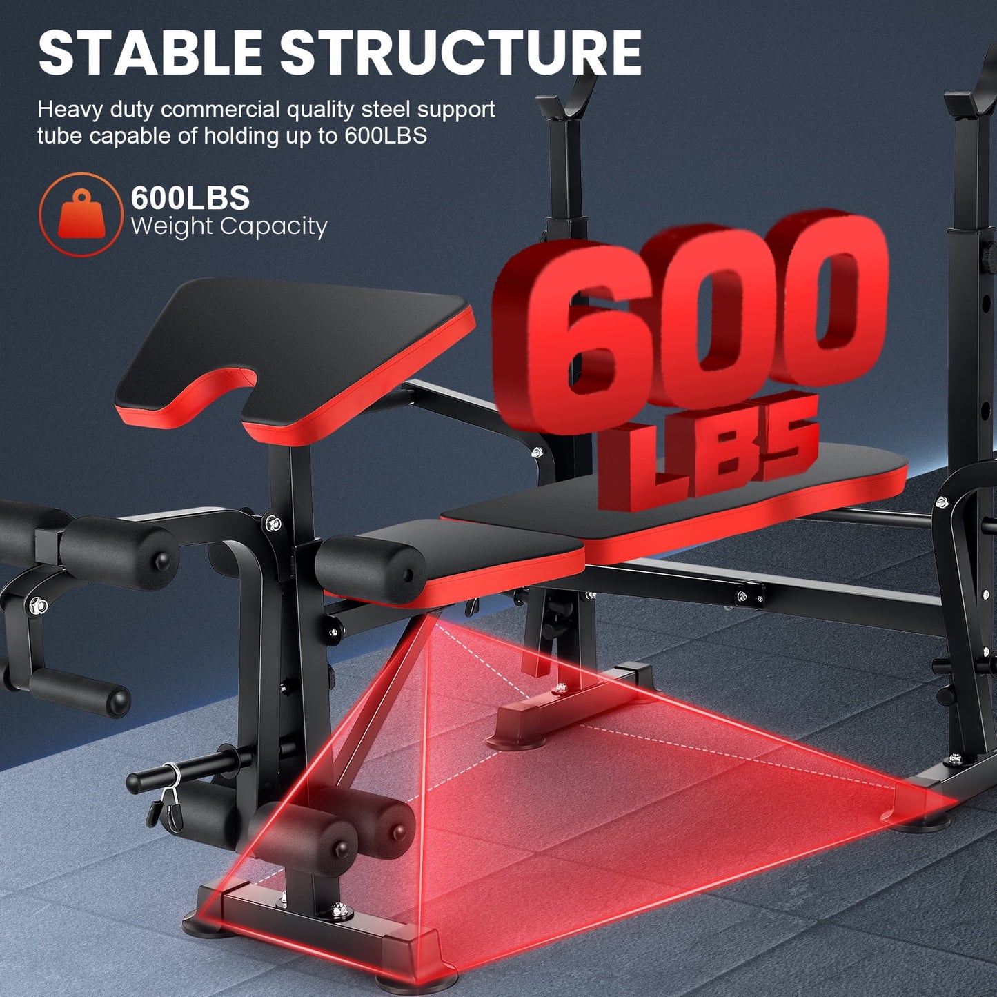 Adjustable Weight Bench 600Lbs 6-In-1 Foldable Workout Bench Set with Barbell Rack & Leg Developer Preacher Curl Rack, Multi-Function Strength Training Bench Press Exercise Equipment